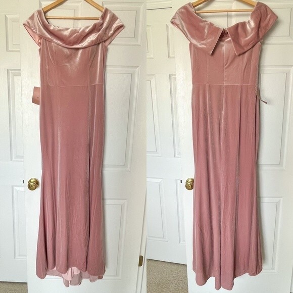 NWT! BHLDN "Fawn" Off Shoulder Velvet Maxi Dress with High Slit - Rose Color - Picture 3 of 10